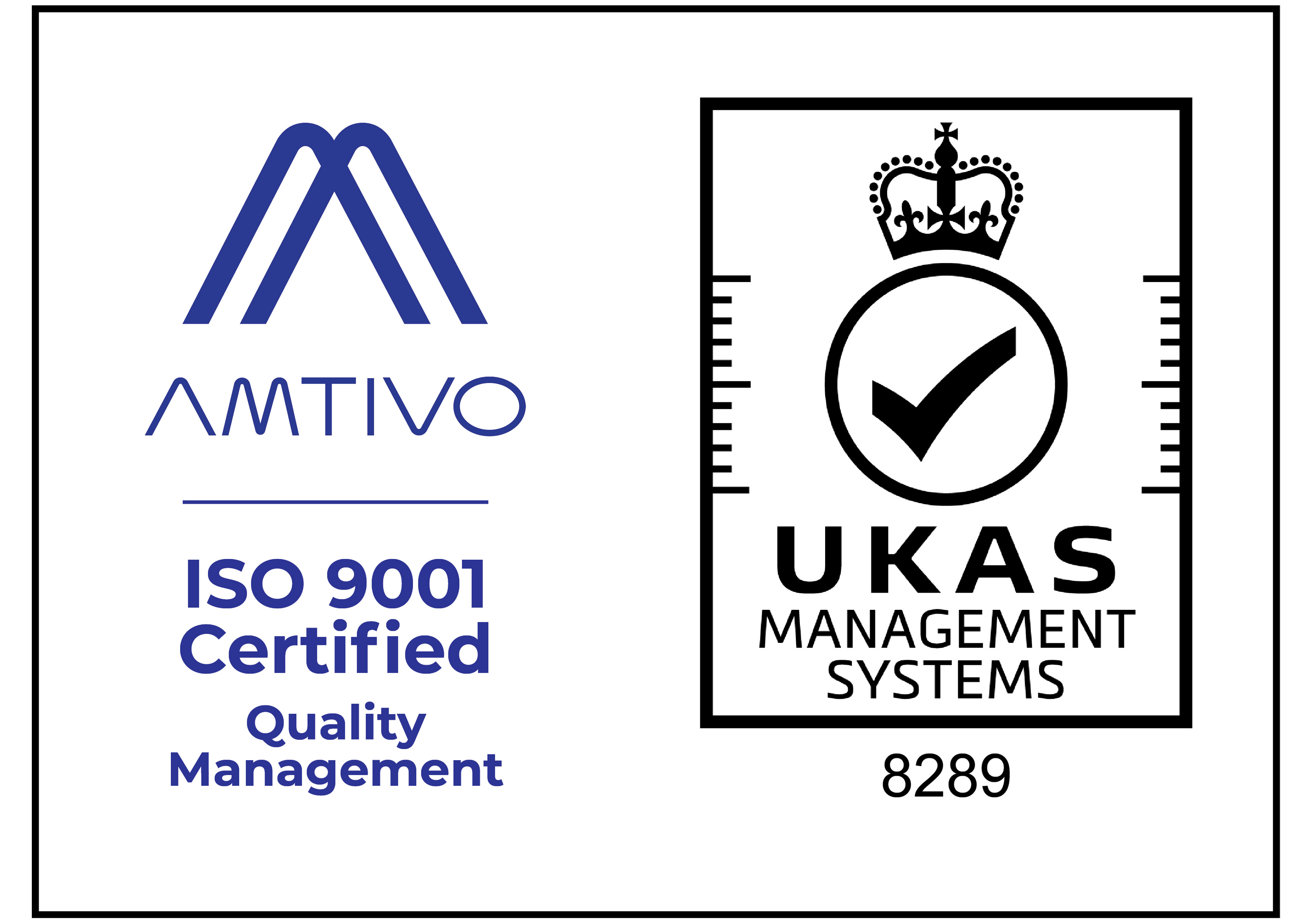 ISO認証ロゴ: 「QMS International」と「UKAS Management Systems」の2つのロゴが並んだ、ISO 9001:2015認証を示すマーク。