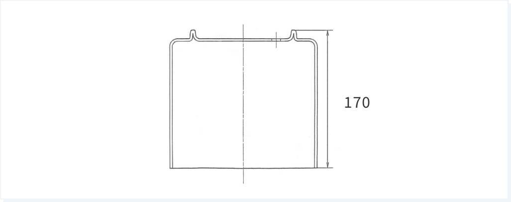 高さ170ミリの金属容器の断面図。縁の部分に特徴的な形状が見られる。