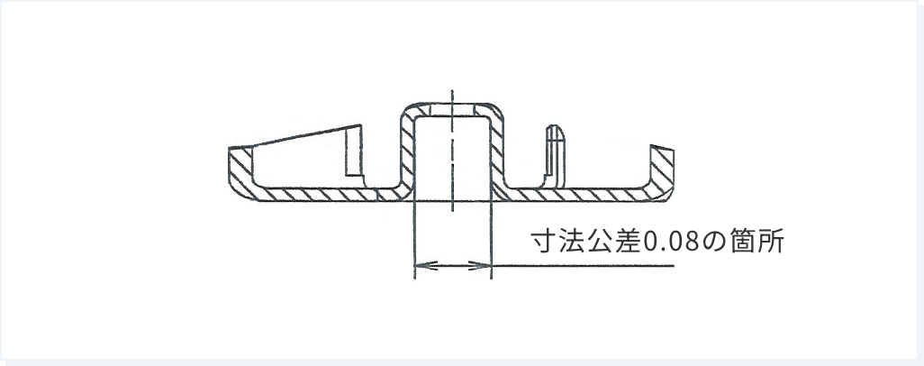 金属部品の断面図で、寸法公差が0.08ミリである箇所を示している。